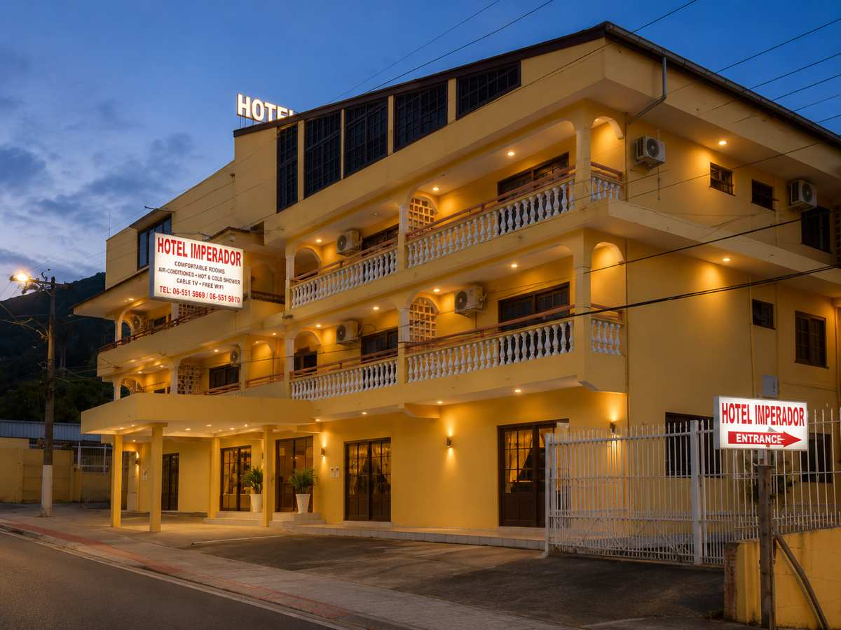 Hotel Imperador Caldas exterior lit up at dusk in Santo Amaro da Imperatriz